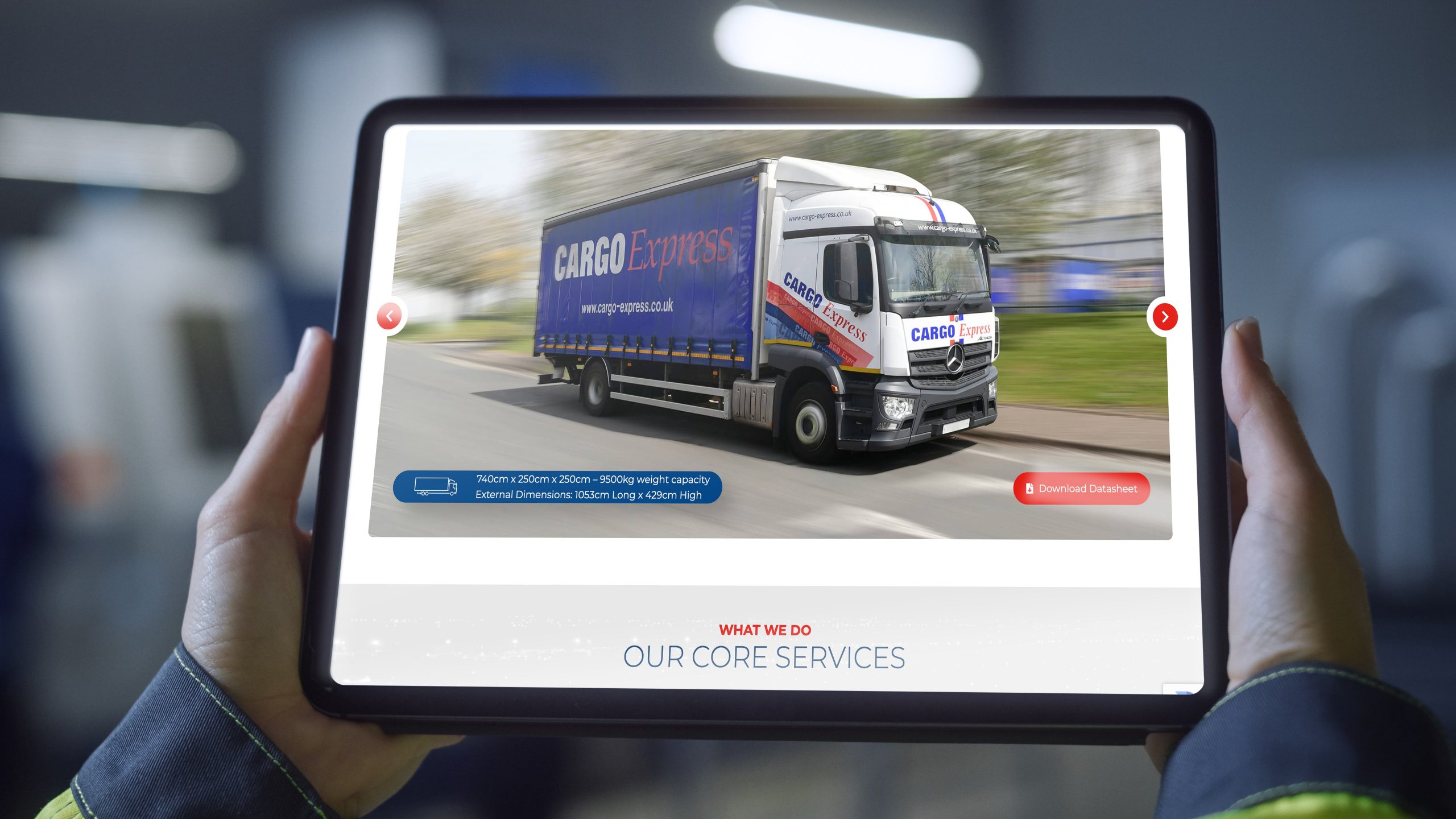 Cargo express website design shown on a persons tablet