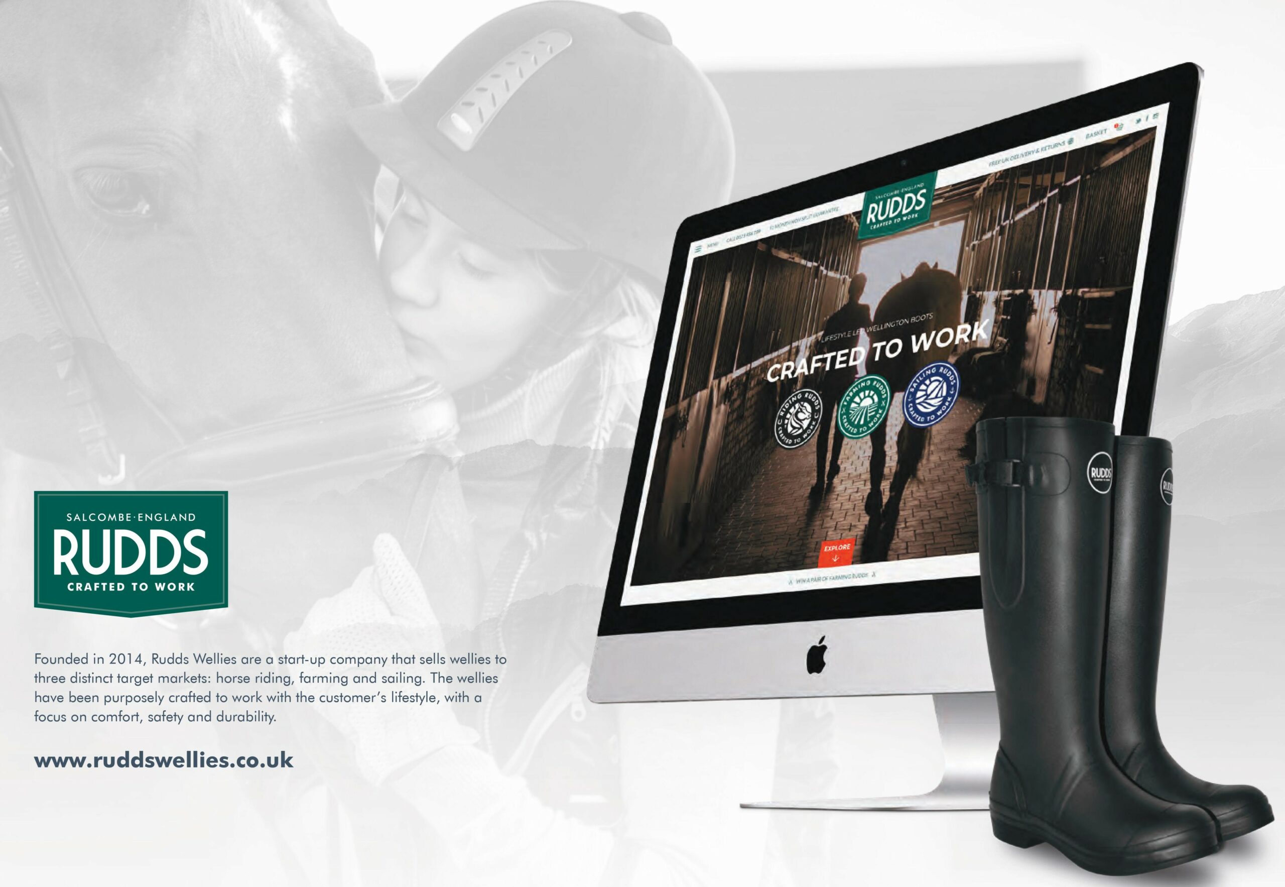 Rudds online website design of their landing page alongside a pair of wellies