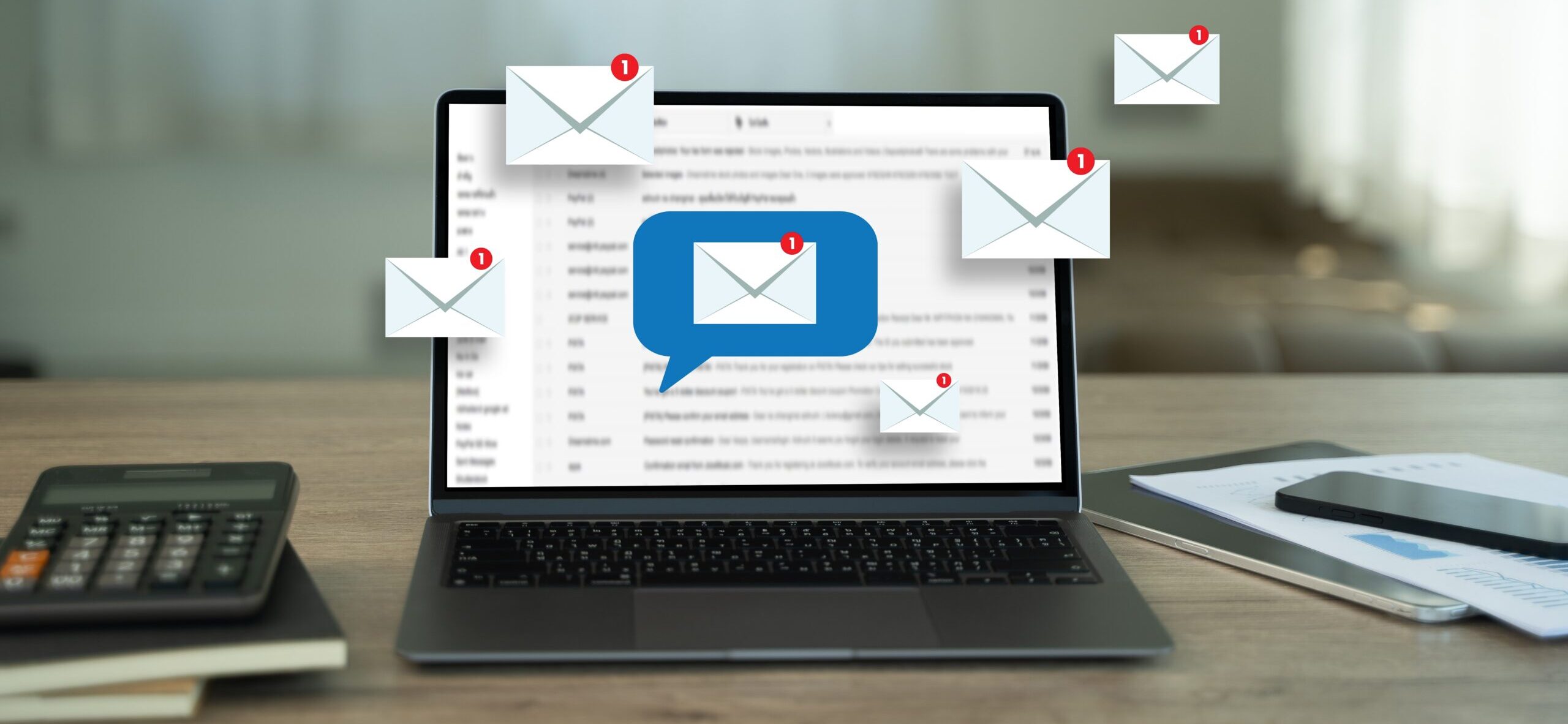 laptop with email icons.
