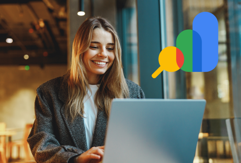 Woman smiling at laptop featuring Google Search Console Logo